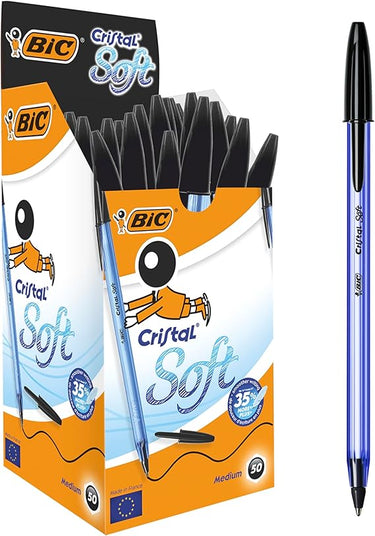 BIC Cristal Soft Bolígrafos de Punta Media (1,2 mm) - Negro, Caja de 50 Bolis